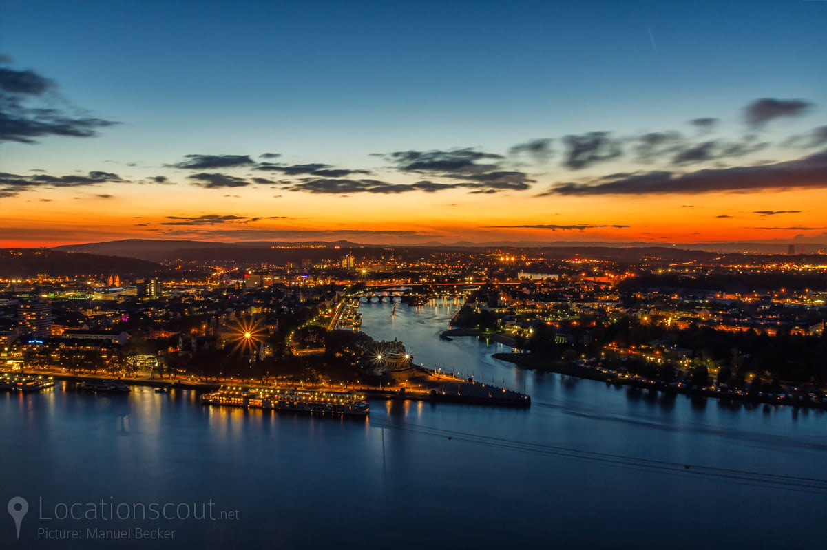 Koblenz, Germany. 30th Apr, 2020. Ehrenbreitstein Fortress, the largest  part of the major Koblenz fortress, is situated high above the Rhine with a  view of the city and the Deutsches Eck at