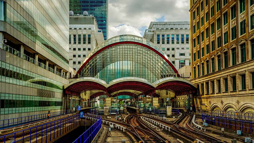 Entering Canary Wharf Dockland Light Railway Station, London
