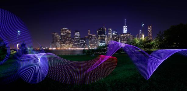 New York Lightpainting Skyline with river and Meadow