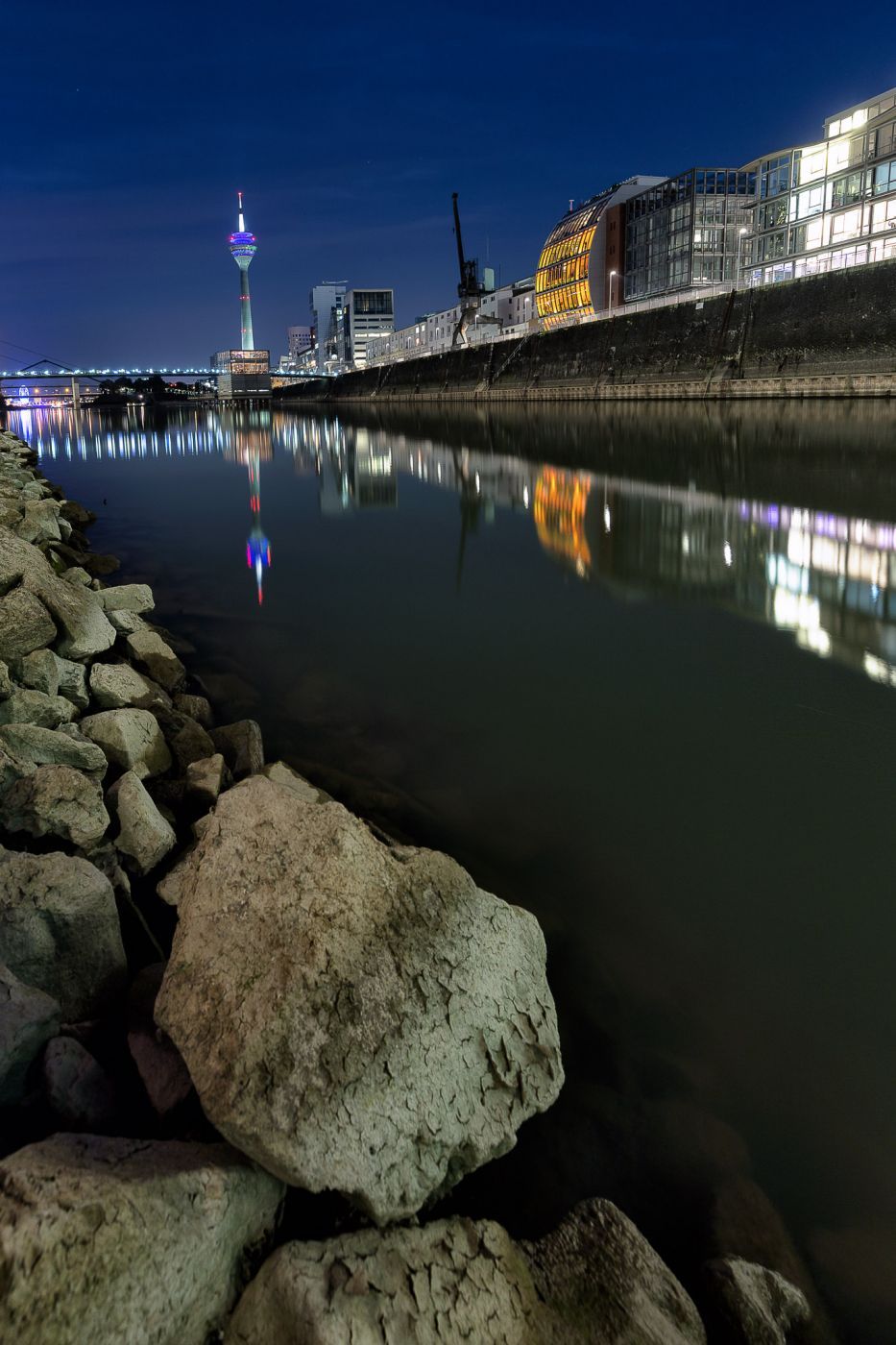View to Rheinturm from Media Harbor, Düsseldorf, Germany