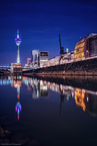 View to Rheinturm from Media Harbor, Düsseldorf