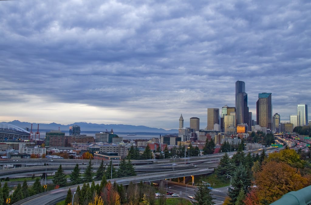 Downtown Seattle from 12th Ave overpass at I90, USA