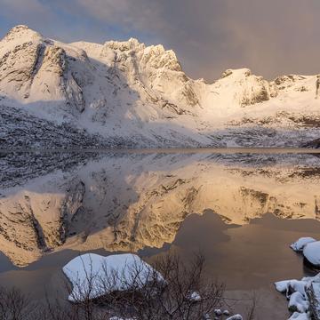 Storvatnet close to Nusfjord at dawn, Norway