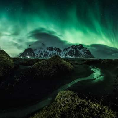 Northern Lights over Vestrahorn Mountain from Stokksnes, Iceland