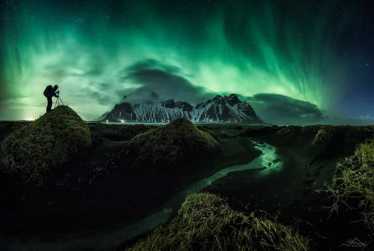 Northern Lights over Vestrahorn Mountain from Stokksnes