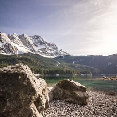 View over Eibsee to Zugspitze, Germany