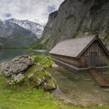 Wooden fisher hut in Obersee, Bavarian Alps, Germany