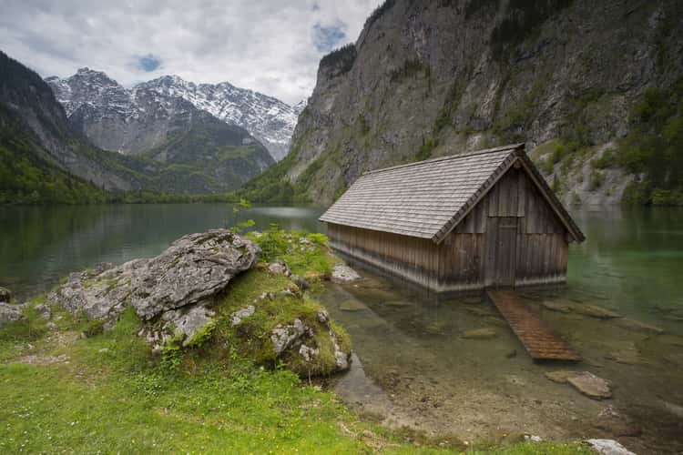 Wooden fisher hut in Obersee, Bavarian Alps