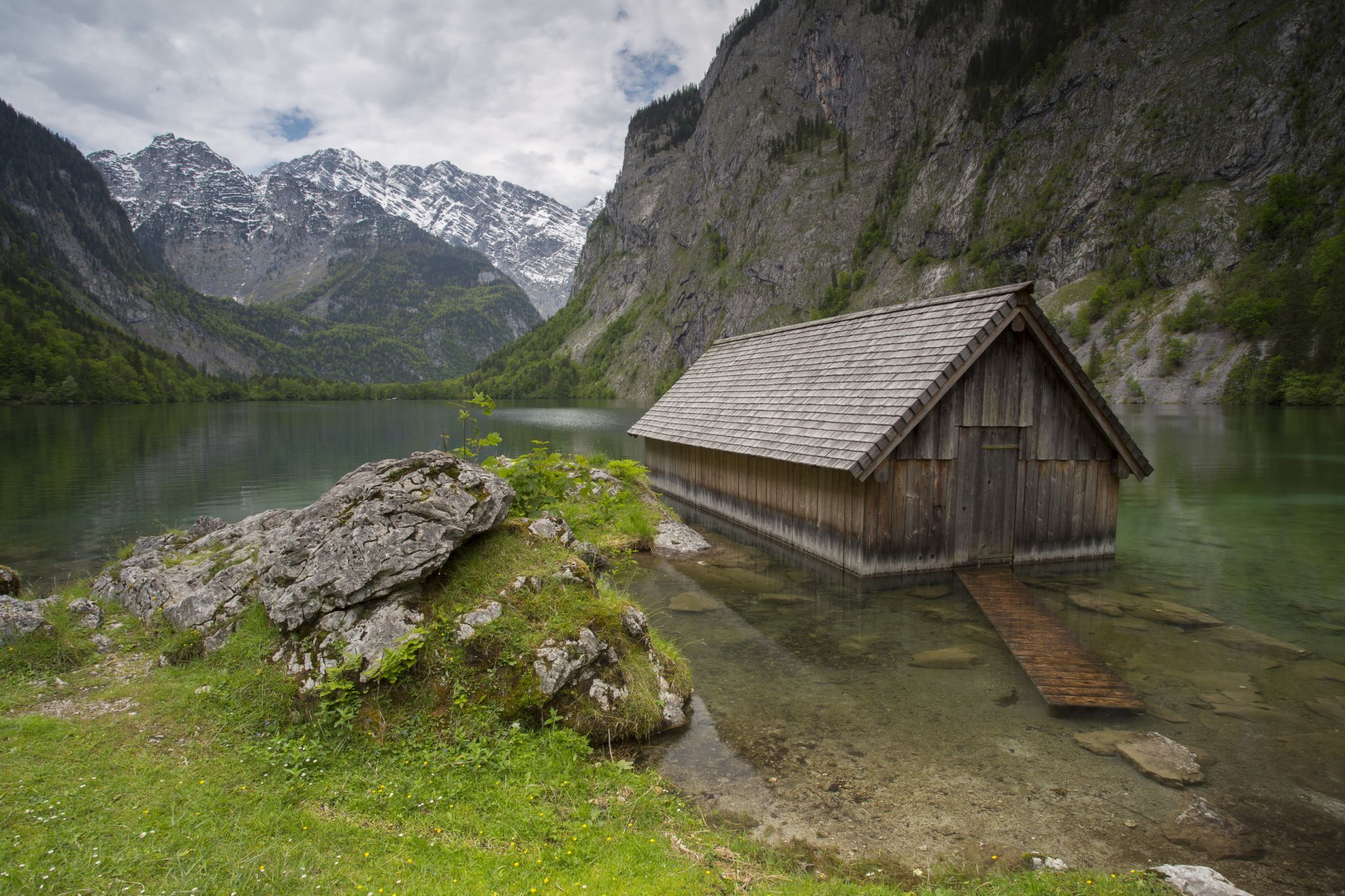 Wooden fisher hut in Obersee, Bavarian Alps, Germany