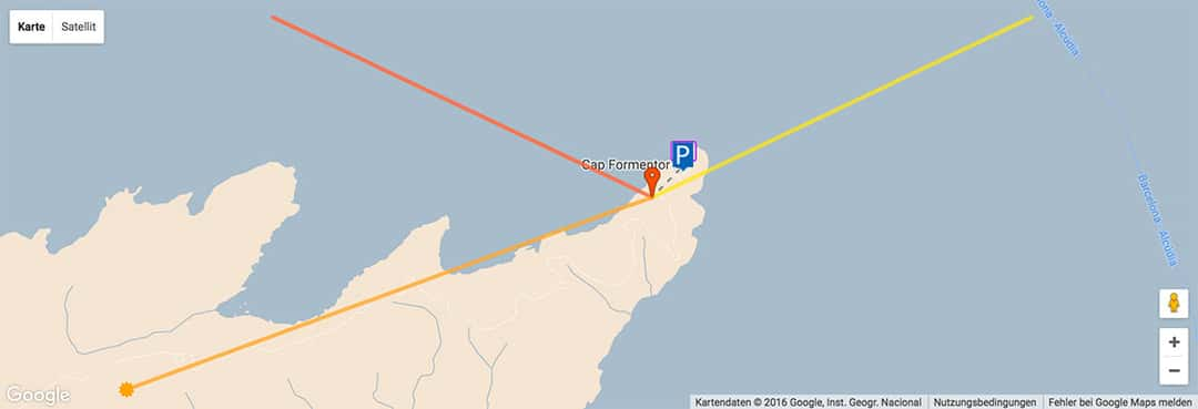 The bright yellow line shows the direction of the sunrise, the medium orange color shows the current position of the sun and the dark orange line leads into the direction where the sun is setting.