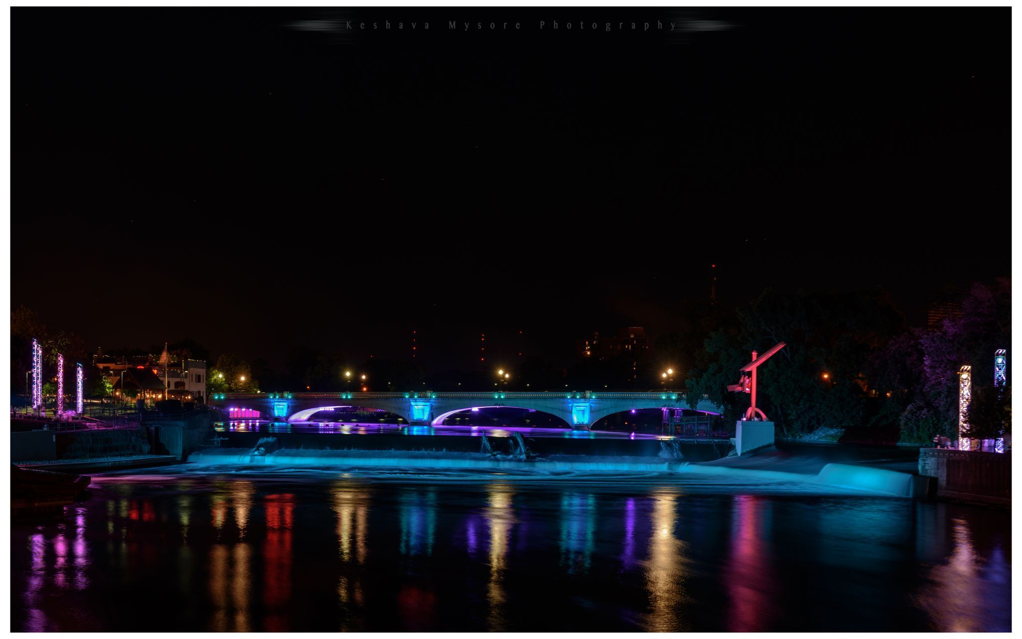 South Bend, Indiana river lights from Colfax bridge, USA
