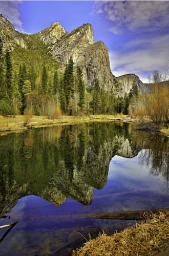 On the Merced River looking at the Three Brothers Peaks