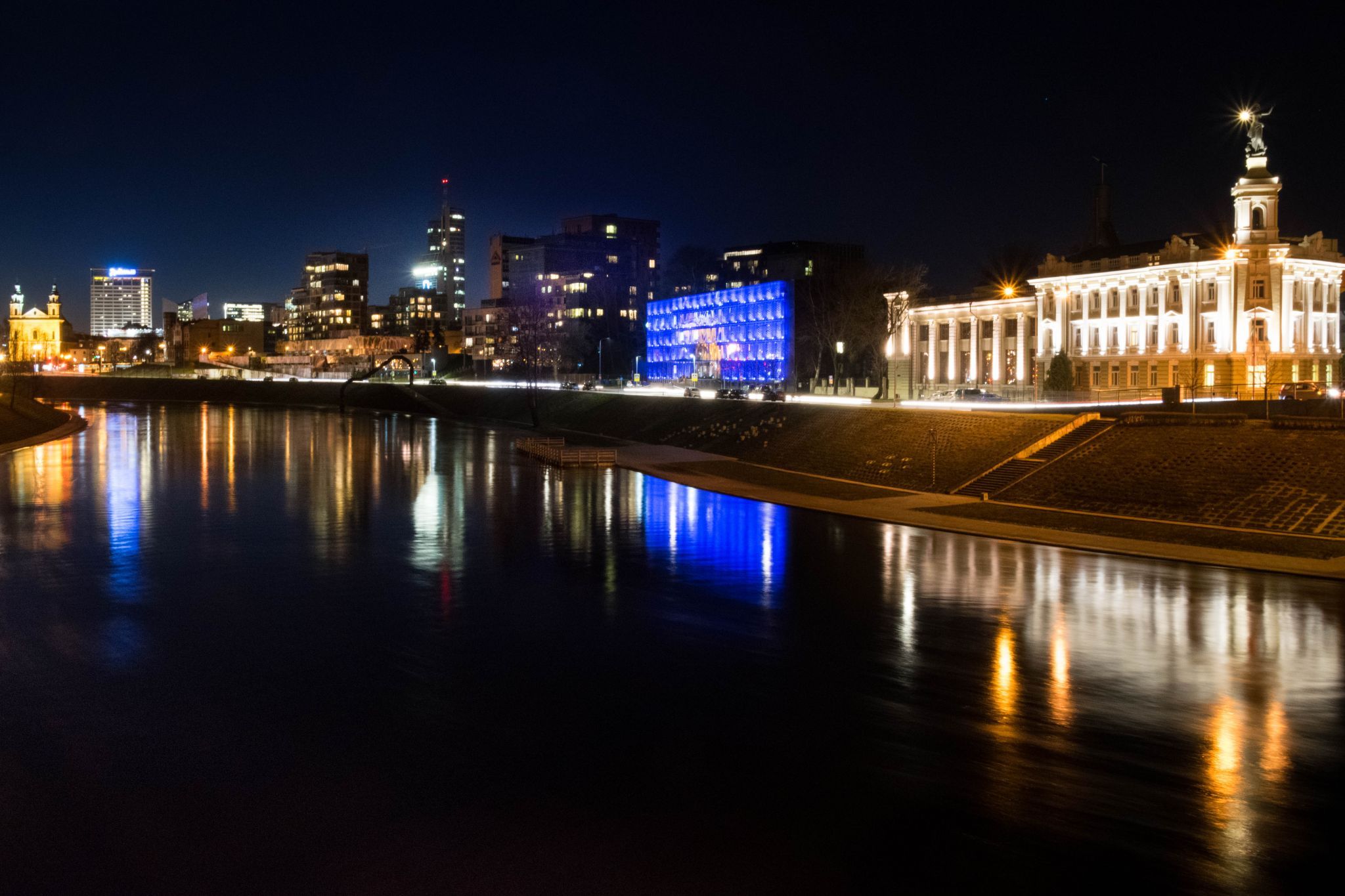 Neris River and the lights of the business district, Vilnius, Lithuania