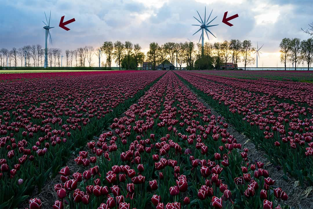 This is a good example of how movement can mess up with stacking your photos. The windmills may look pretty futuristic now, but Photoshop obviously had some issues with stacking the images. This case is easy to solve though by just masking in the image for the background manually.