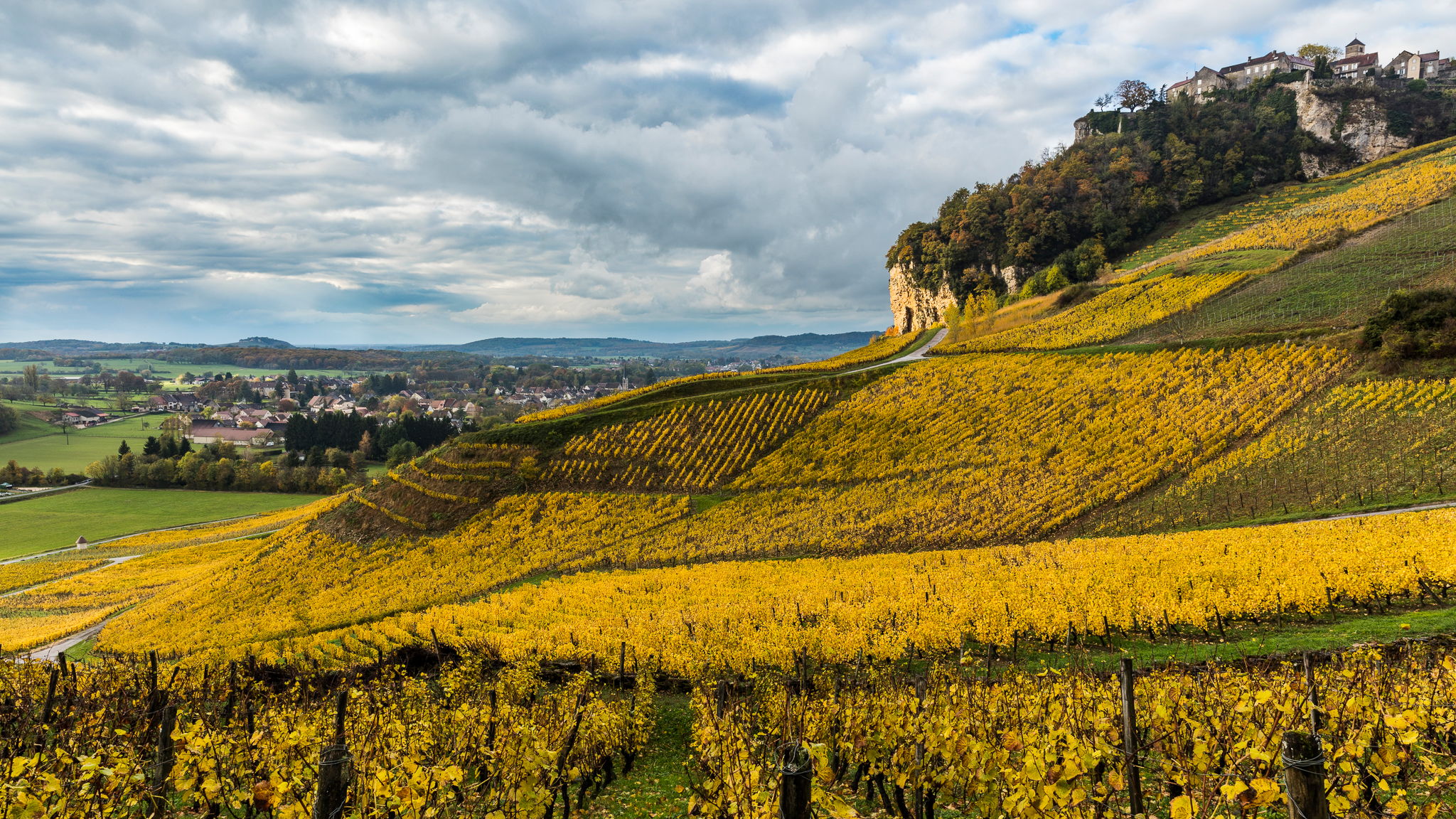 Château-Chalon (on the hill top) view from the vignards, France