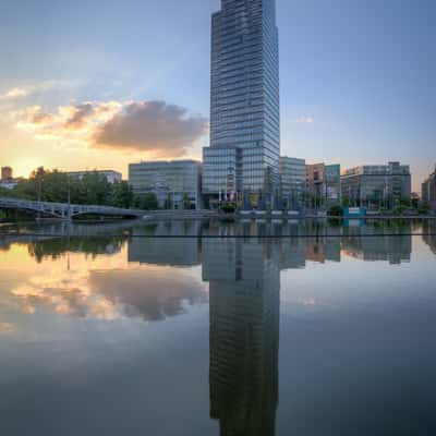 Kölnturm and lake at Mediapark, Germany