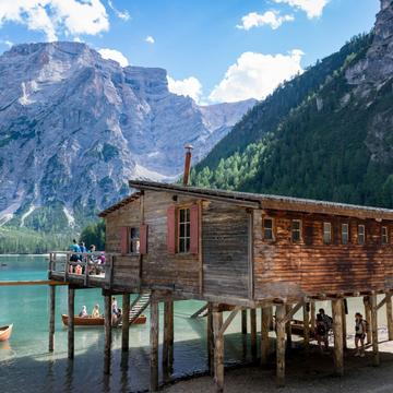 Wooden house on Lago Braies in Dolomites, Italy