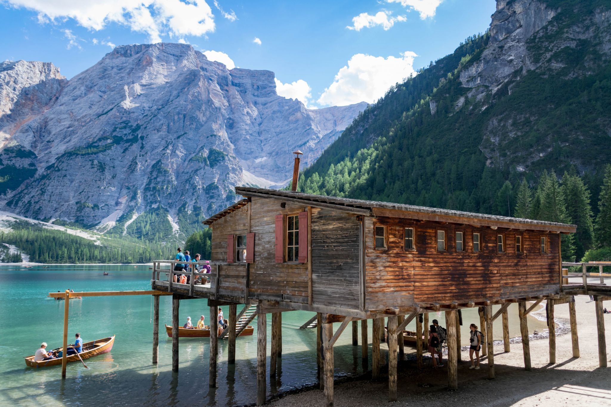 Wooden house on Lago Braies in Dolomites, Italy