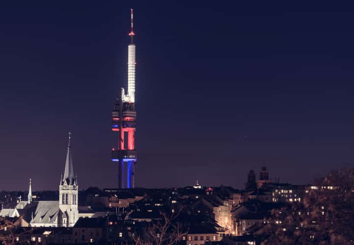 The Žižkov TV Tower in Prague seen from the Vitkov Hill