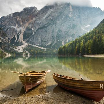 View from the Pier at Lago di Braies Prager Wildsee, Dolomites, Italy