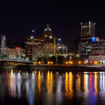 Portland Skyline across Willamette River at Hawthorne Bridge, USA