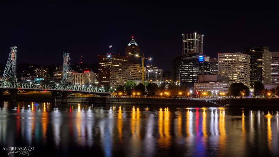 Portland Skyline across Willamette River at Hawthorne Bridge