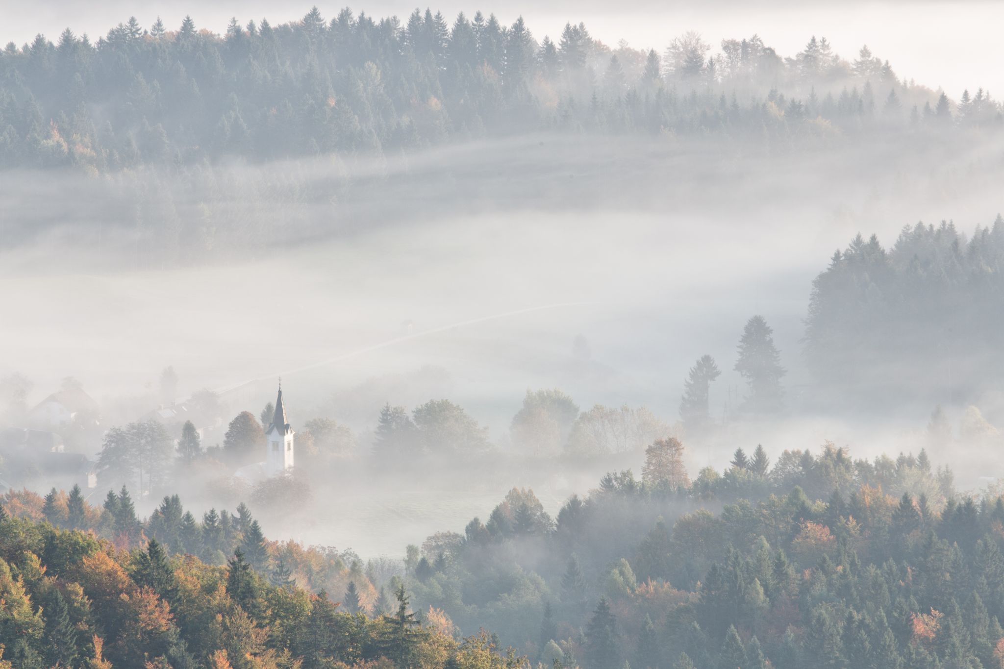 Village church in fog, Slovenia
