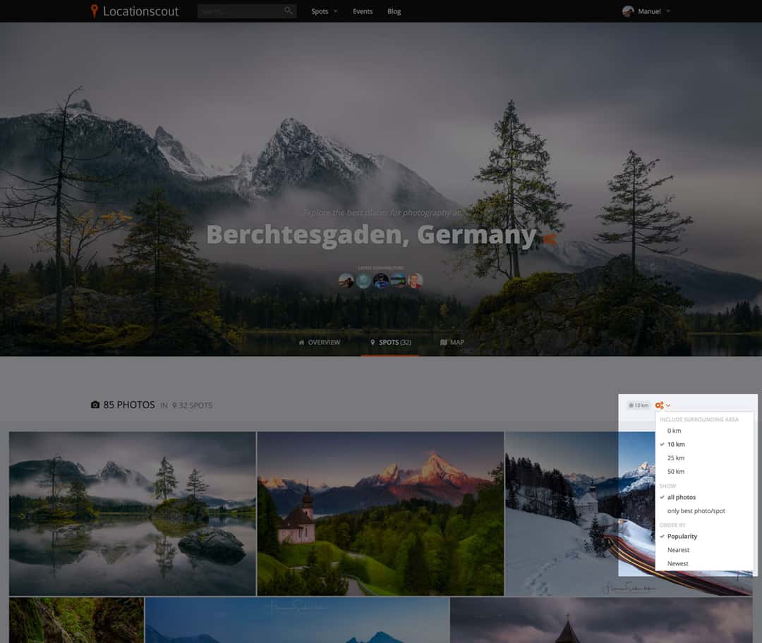 By including the surrounding area of 10km to the location, you already get around 33% more spots for Berchtesgaden. The location will now find any tagged spot or anything that's within the given radius. In this way, the feature will never decrease the amount of shown results and make sure that you won't miss any nice places.