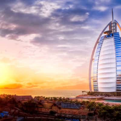 Burj Al Arab front view from water park, United Arab Emirates