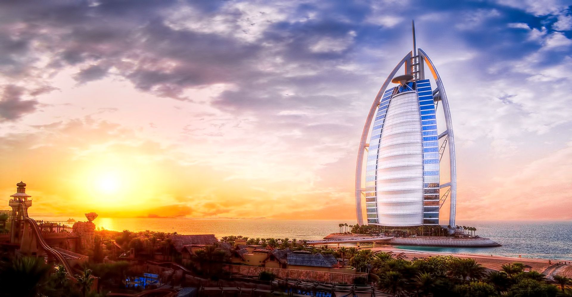 Burj Al Arab front view from water park, United Arab Emirates