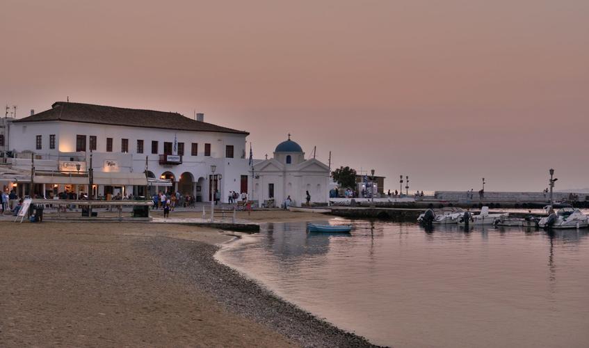 Mykonos' Old Port at sunset