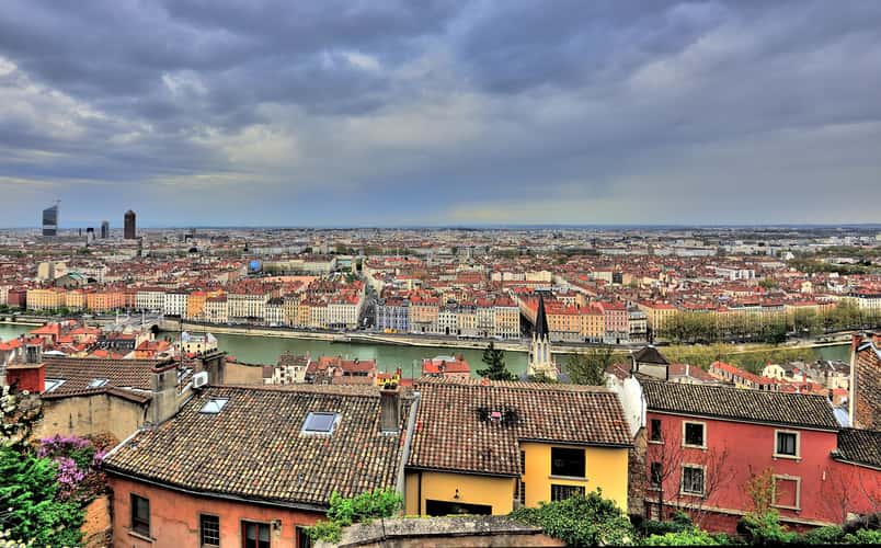 Panoramic view on Lyon's Presqu'ile from the Fourviere hill