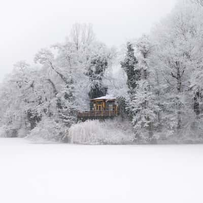 Restaurant The Pavilion on Bird Island during winter snow, Netherlands