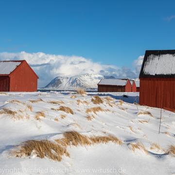 Red houses in Eggum, Lofoten, Norway