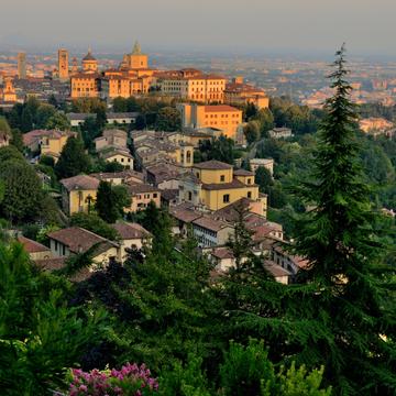 View over Bergamo Citta Alta from San Vigilio, Italy