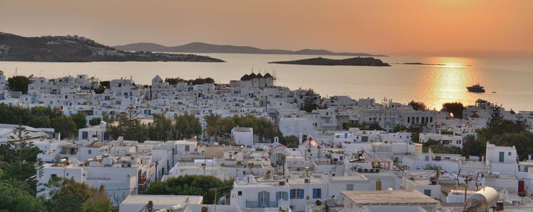 View over Mykonos town at sunset