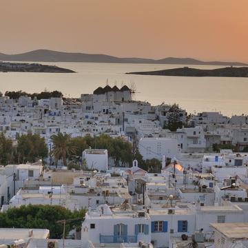 View over Mykonos town at sunset, Greece