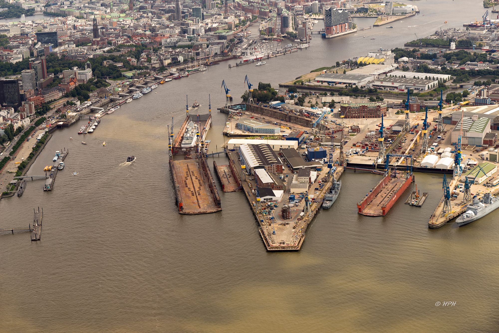 Aerial view of the Elbe river in Hamburg, Germany