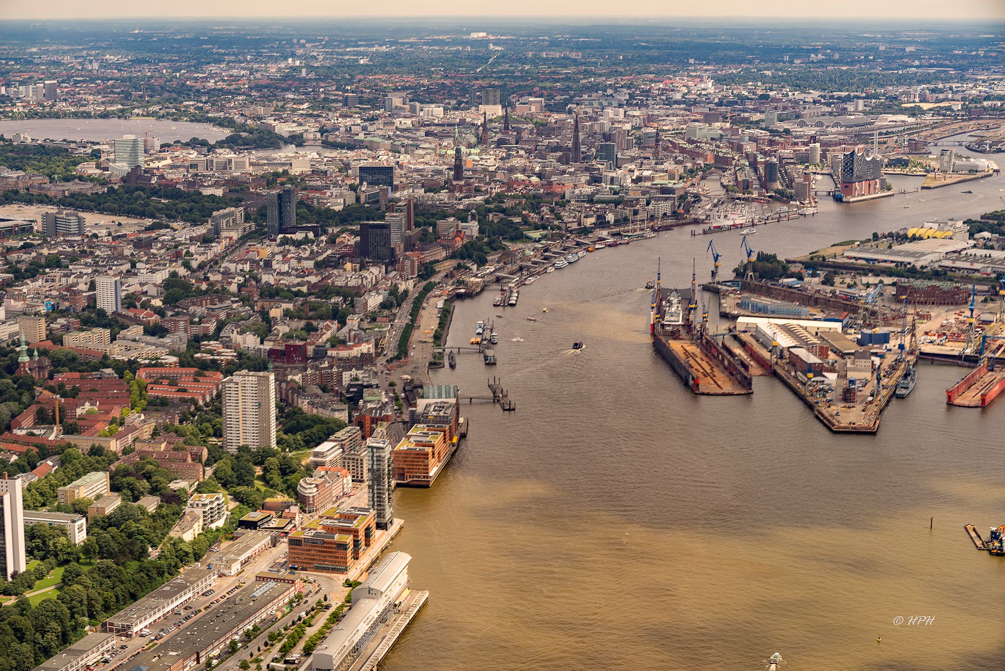 Aerial view of the Elbe river in Hamburg, Germany