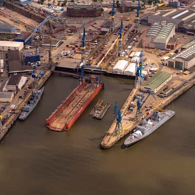 Aerial view of the Elbe river in Hamburg, Germany