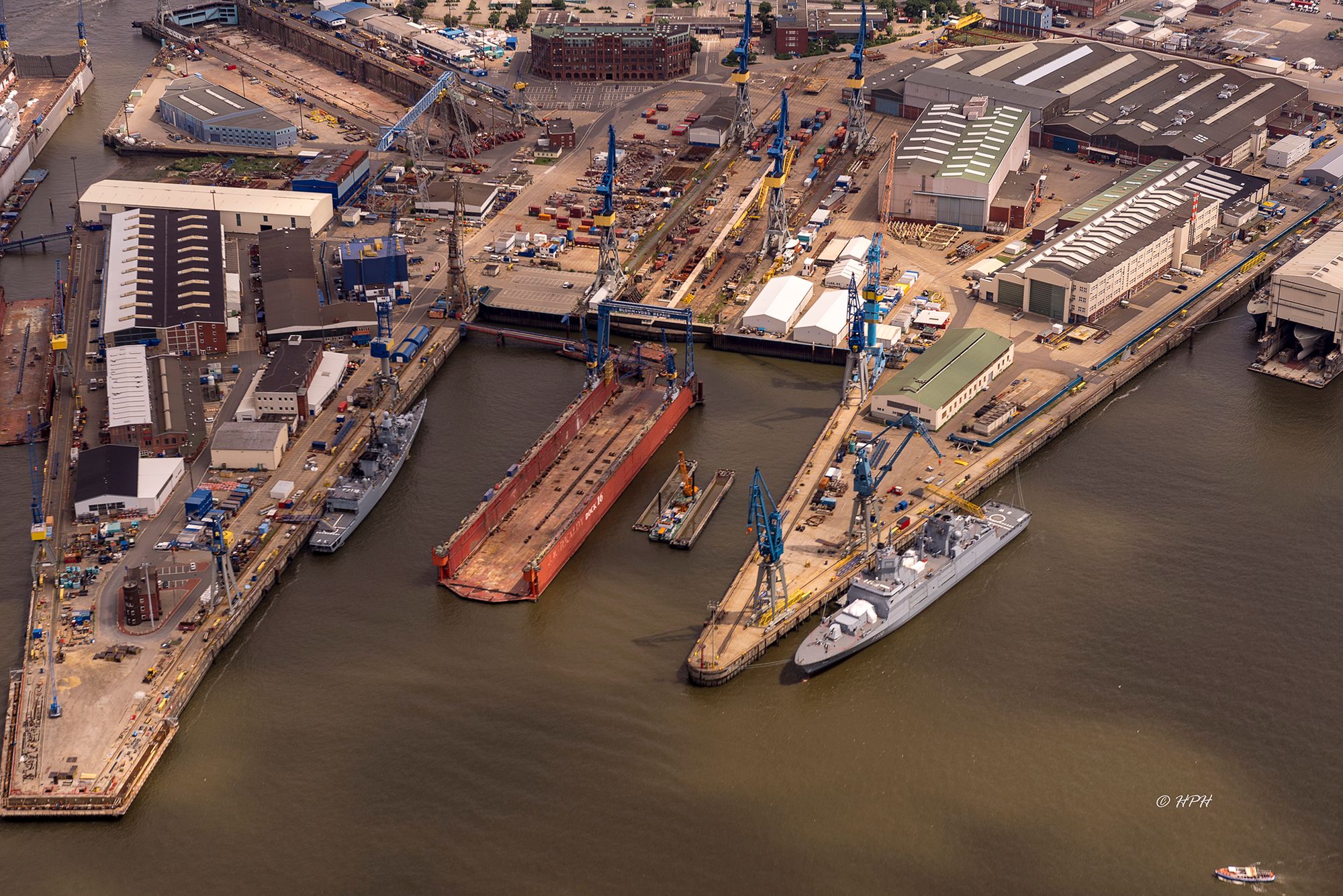 Aerial view of the Elbe river in Hamburg, Germany