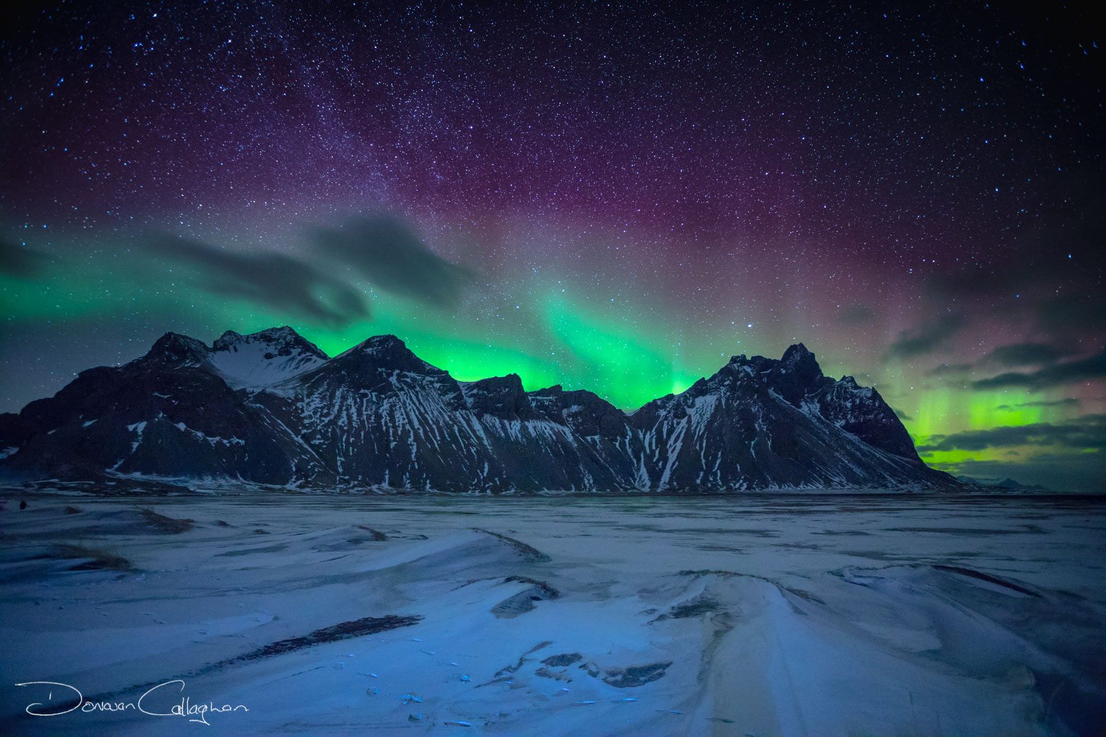 Northern Lights over Vestrahorn Mountain from Stokksnes, Iceland