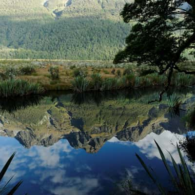 Mirror Lake walk on the road to Milford Sound, New Zealand