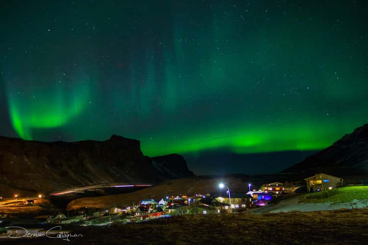 Northern Lights near the church in Vik