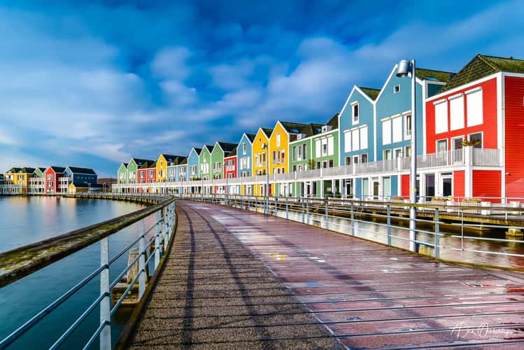 Rainbow colored houses on Rietplas, Houten