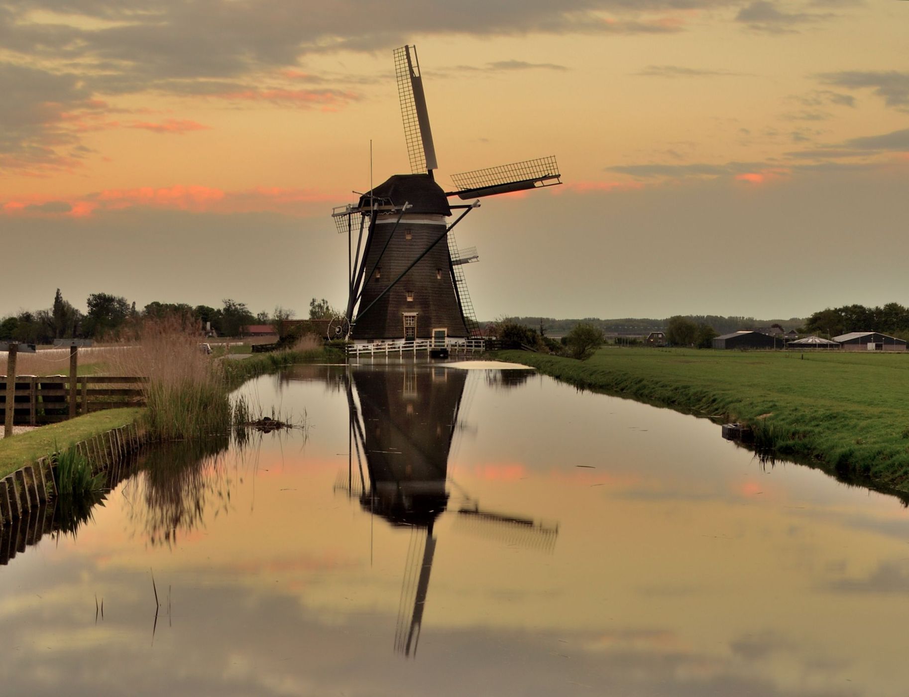 Sunset on Driemanspolder Windmills in Stompwijk, Netherlands
