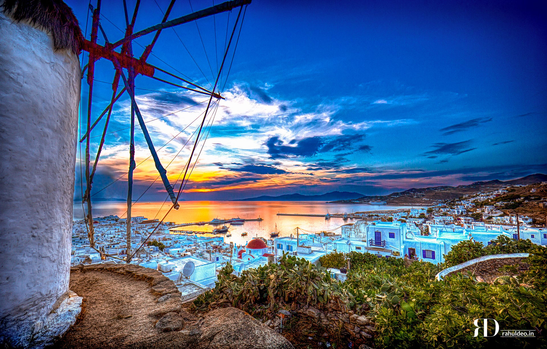 View over Mykonos town at sunset, Greece