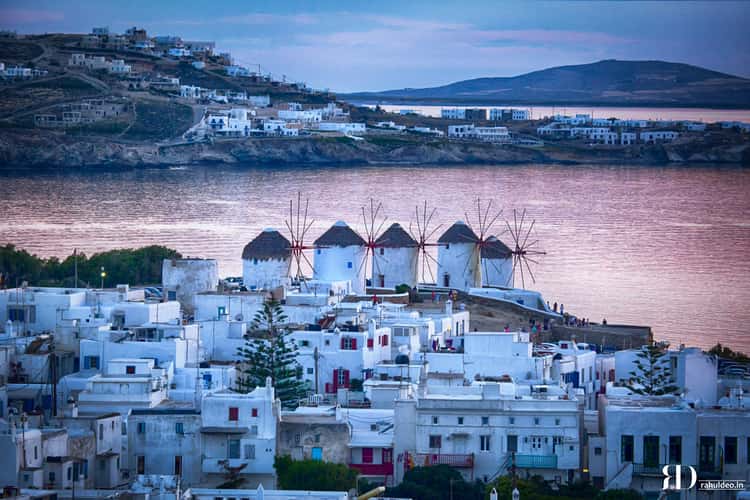 View over Mykonos town at sunset
