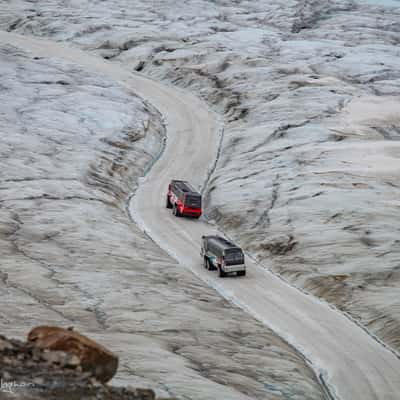 Columbia Icefield tourist trucks on the ice, Canada