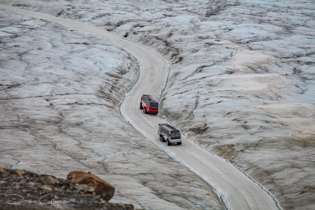 Columbia Icefield tourist trucks on the ice, Canada